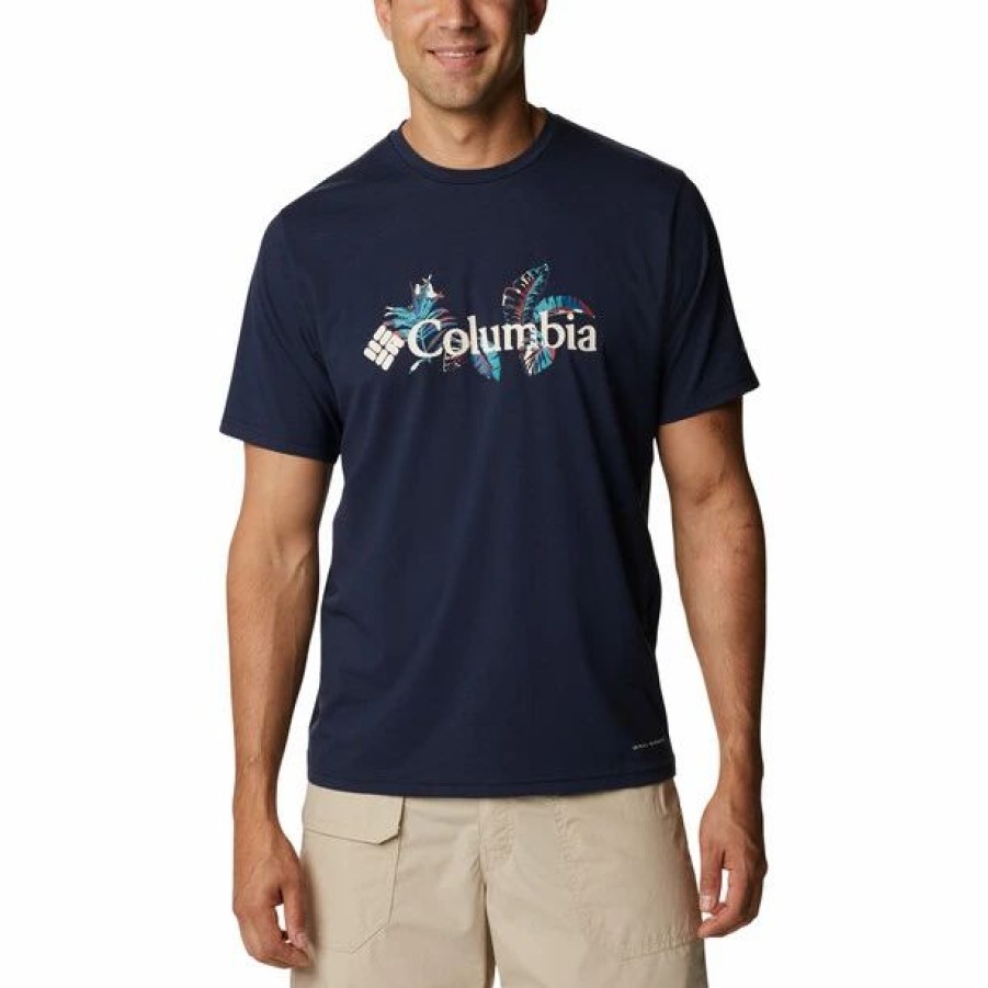 New * Columbia Sun Trek Ss Graphic Shirt Men Collegiate Navy/ Tropical Graphic